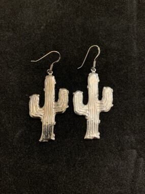 Vintage EA 925 Sterling Silver Cactus Pierced Dangle Hook Earrings